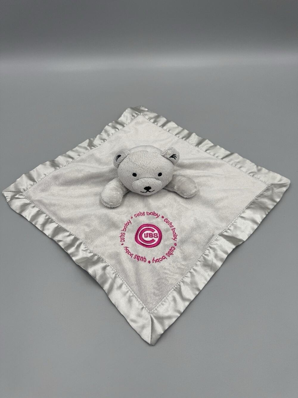 Chicago Cubs Lovey Bear Gray Plush Security Blanket Satin Back Baby Fanatic